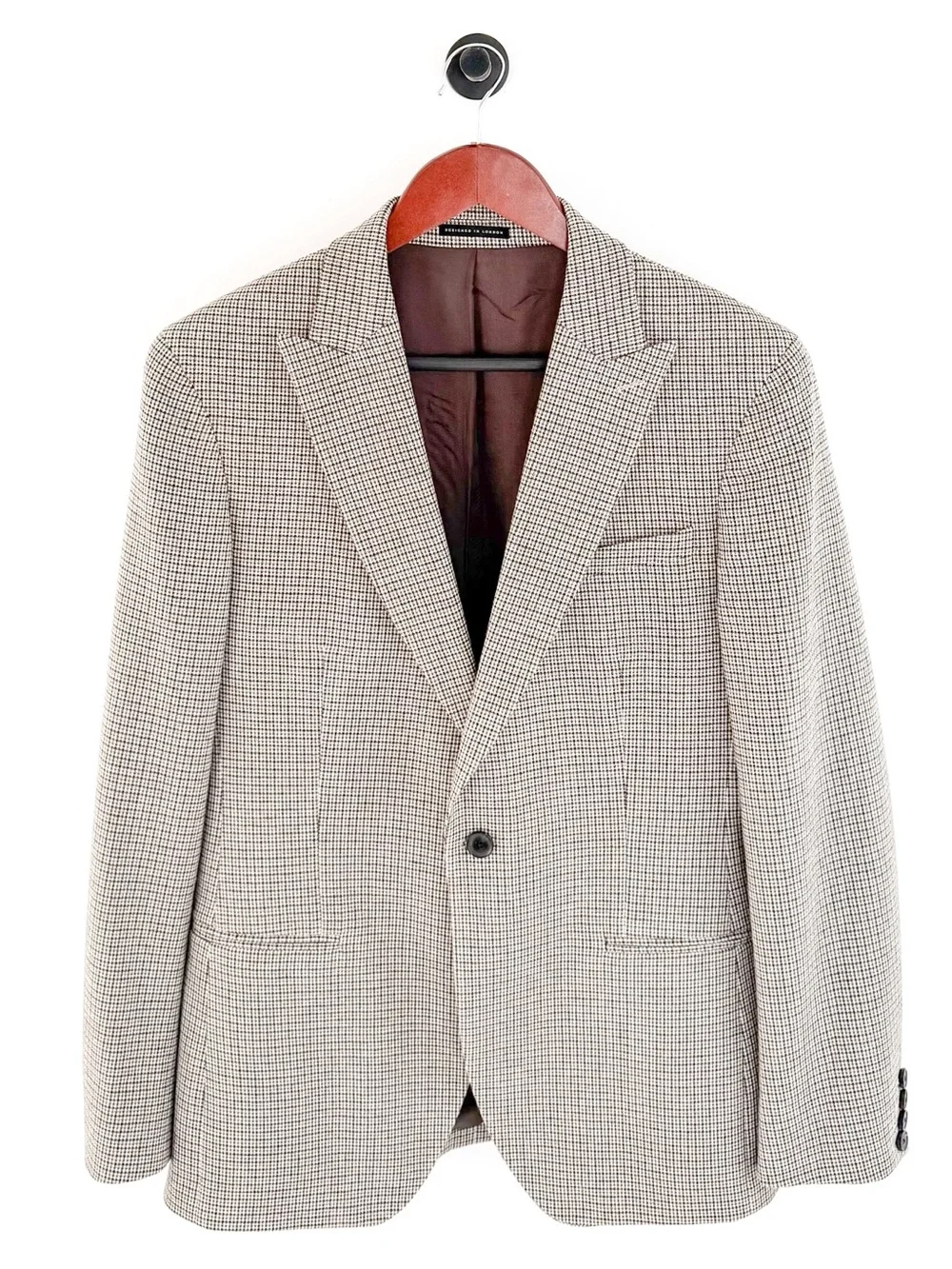 NEW Reiss Men's Plaid Cotton - Wool Houndstooth Blazer Beige Brown 38R Jacket